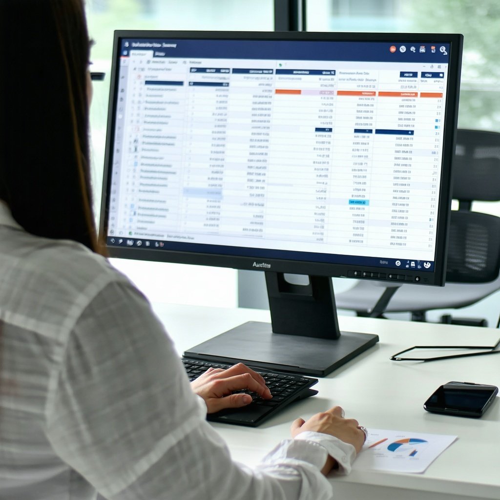 stasfied person using a computer with accounting information on the screen-1